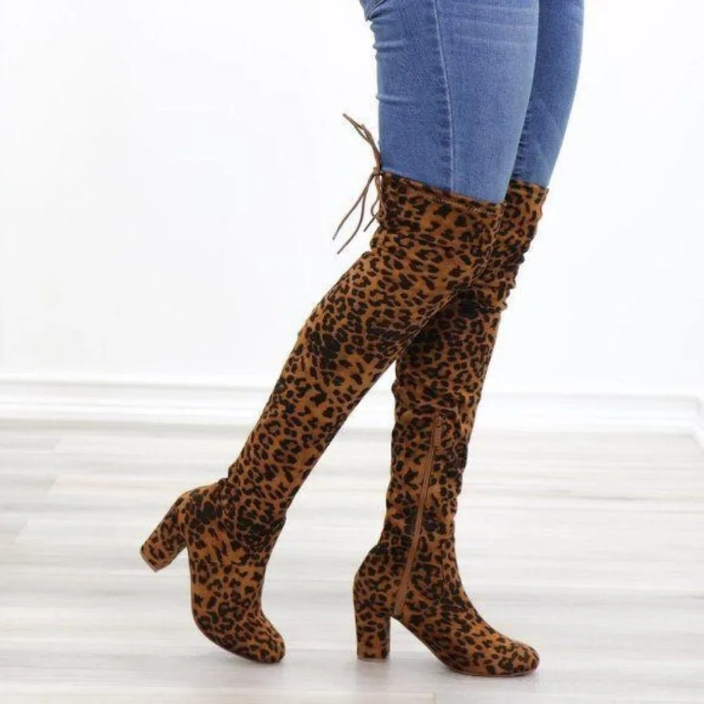 Suede Leopard Thigh High Heeled Boots - Picture 1 of 15